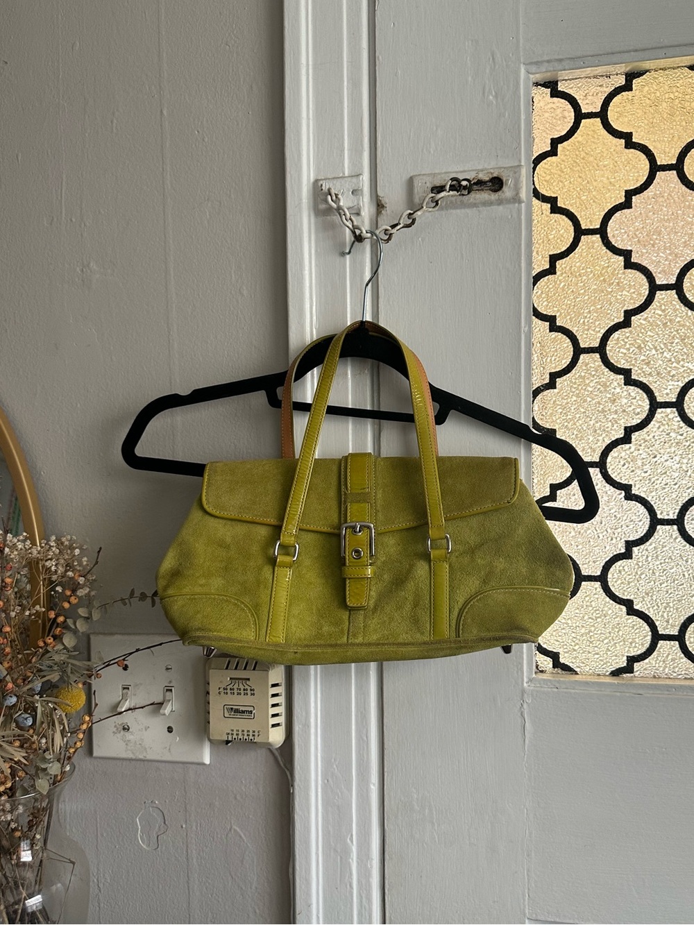 Coach Hampton Green Suede Shoulder Bag with Buckle Strap